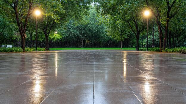 Wet pavement reflecting park lights at serene tree lined evening photo