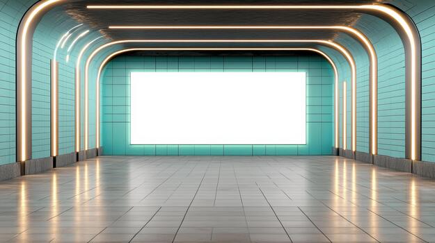 Turquoise illuminated tunnel interior with glowing arch lights and empty billboard photo