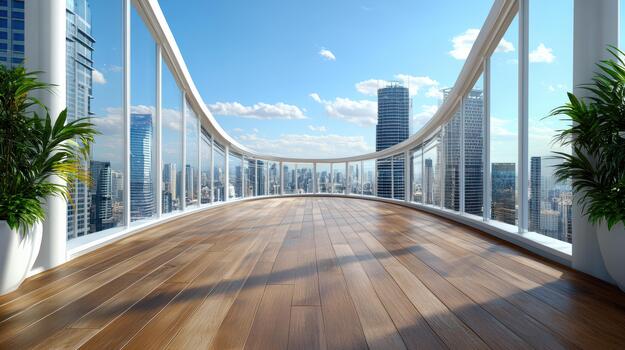 A view of a city from a balcony with a wooden floor photo