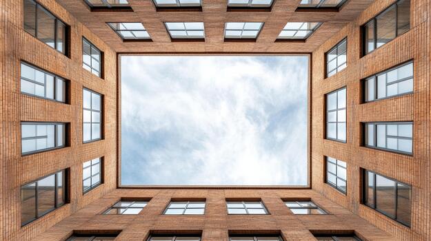 abierto ladrillo patio con azul cielo visible, geométrico simetría y moderno ventanas foto