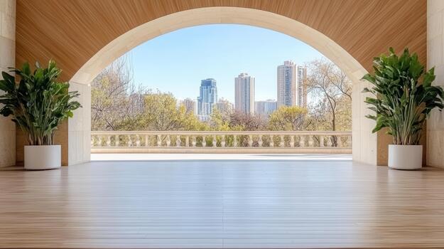 Archway city skyline terrace view with plants creating calm elegant atmosphere photo