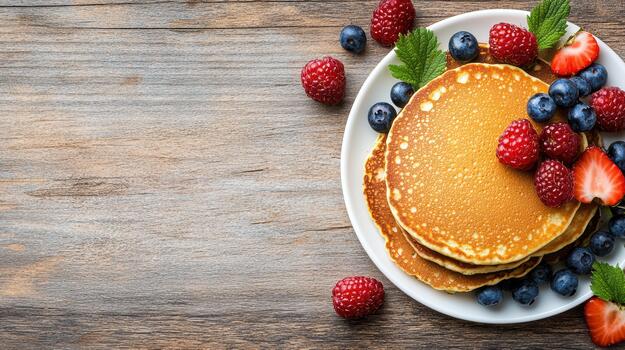 Fluffy pancake stack with fresh berries and mint on wooden table, inviting breakfast photo