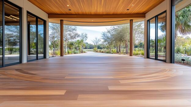 Spacious open air wooden deck with curved ceiling and panoramic landscape view, serene photo