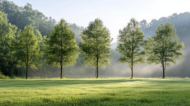 A group of trees in a field with fog photo