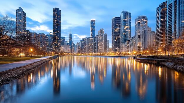 moderno ciudad horizonte a oscuridad con calma río reflexión y brillante luces foto