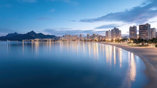 Blue skyline reflection beachfront city at dusk with calm water and soft lights photo