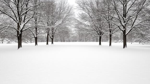 Snowy tree row silent winter park with empty snow field photo