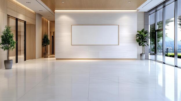 An empty white hallway with a large picture frame photo
