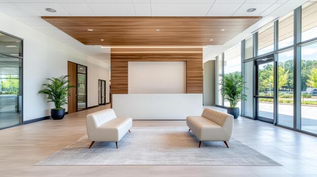 A modern office with a reception area and large windows photo