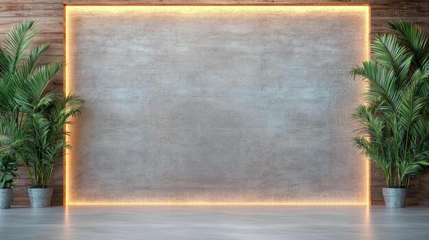 A room with a wooden wall and a large empty frame photo