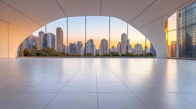 Spacious empty gallery floor modern curved window skyline at sunset calm photo