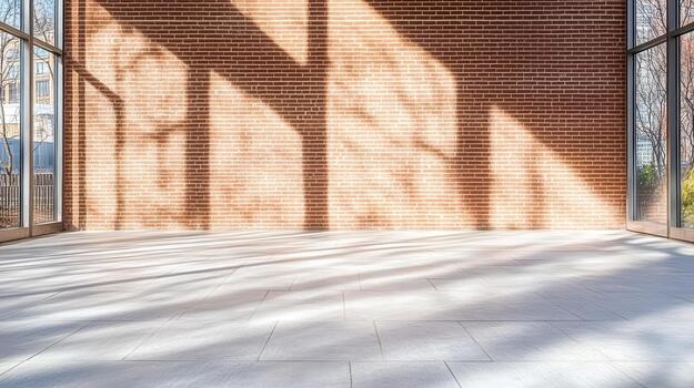 Sunlit empty interior with brick wall and large windows casting dramatic shadows photo