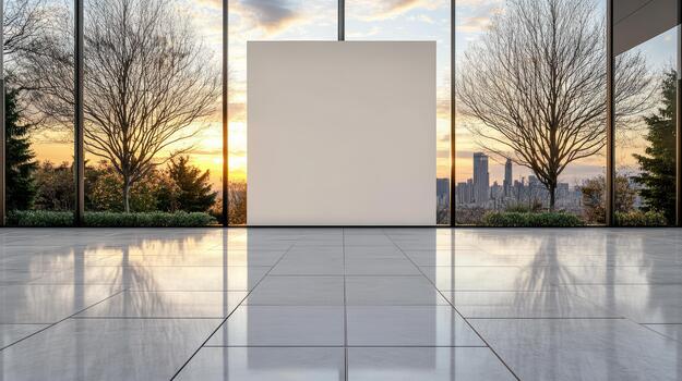 Minimalist gallery space with blank square canvas and reflective floor at sunset photo