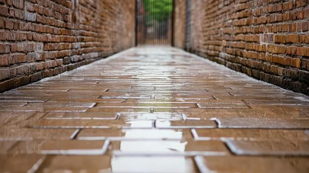 Wet narrow brick alley with reflective wet pavement and soft distant gate photo