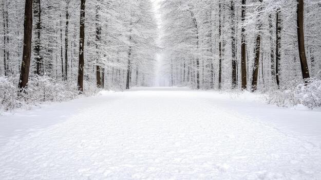 Snowy forest walkway lined with frosted trees creating serene winter perspective photo
