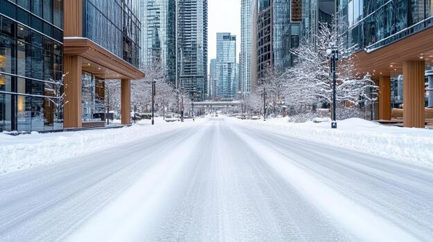 Snowy empty urban street framed by skyscraper facades and leafless trees photo
