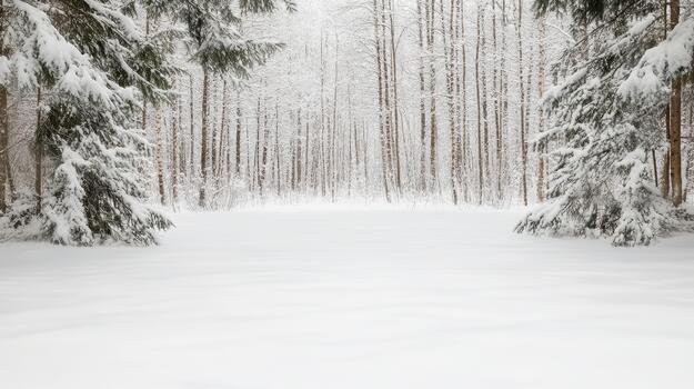Snowy forest clearing with tall bare trees and frosted evergreens conveying calm photo