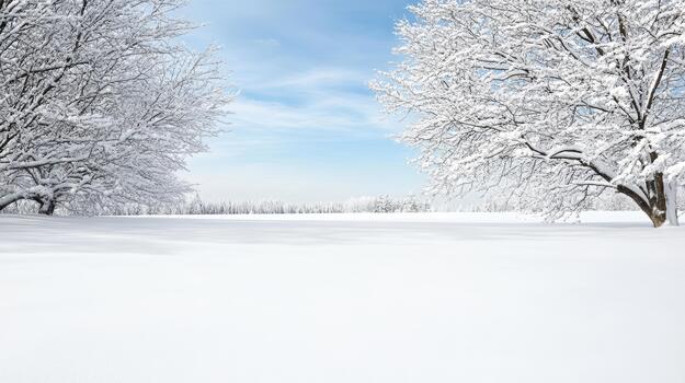 Snowy open field framed by snow covered trees under pale blue sky, calm winter scene photo