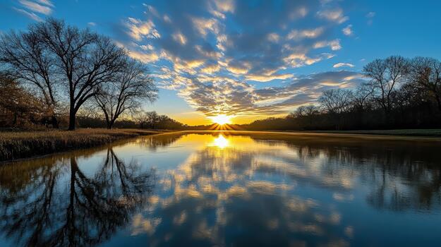 Sunrise reflection water sky clouds tree calm serene photo