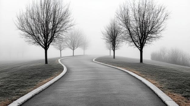 brumoso devanado camino forrado con desnudo árboles, temperamental invierno parque escena foto