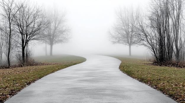 Foggy winding path through bare trees and damp grass creating calm eerie mood photo