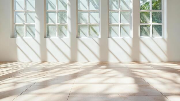 Sunlit empty room with window shadows and tiled floor photo