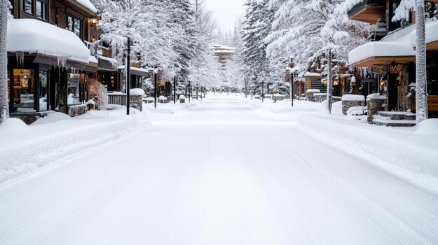 un Nevado calle forrado con arboles y edificios foto