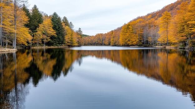 otoño lago reflexión con dorado arboles y calma agua creando sereno estado animico foto