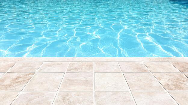 Bright blue pool water with tiled pool deck and sparkling sunlight reflections photo