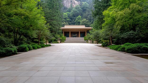 Ancient temple courtyard serene mountain path inviting green forest photo
