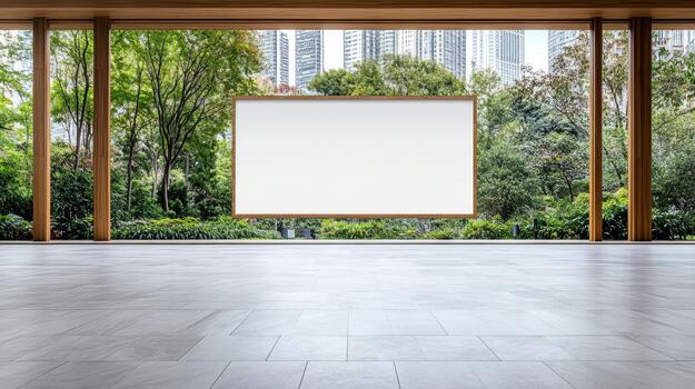 Modern open gallery with blank wooden frame overlooking lush urban park photo