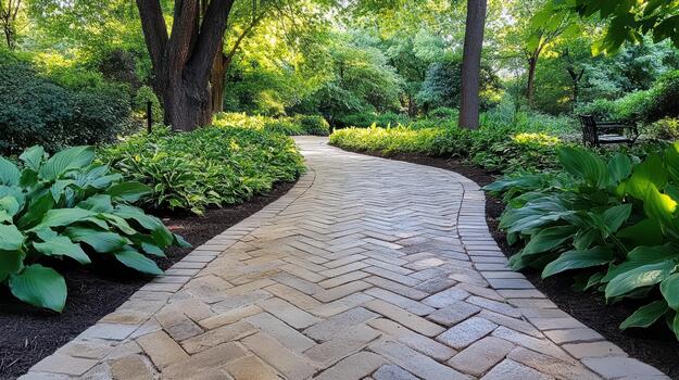 iluminado por el sol jardín pasarela forrado con hosta y árboles, pacífico sombreado camino atractivo paseo foto