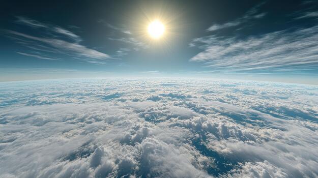 Radiant sun over endless cloudscape, serene high altitude atmosphere photo