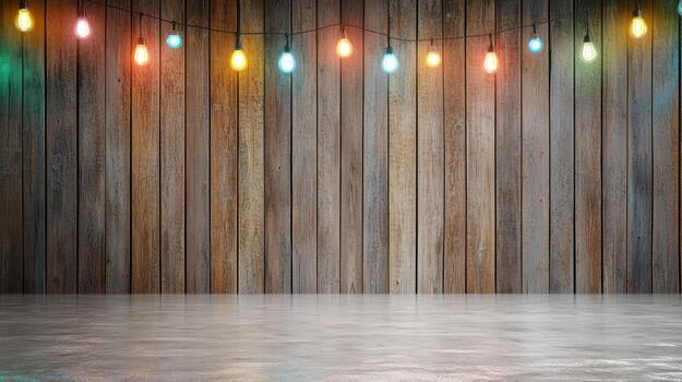 Rustic wooden wall with colorful string lights creating warm festive glow photo
