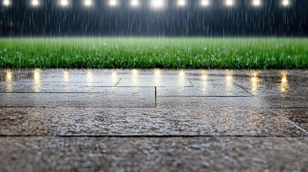 Wet stadium walkway reflecting lights in heavy rain with blurred grass and floodlights photo