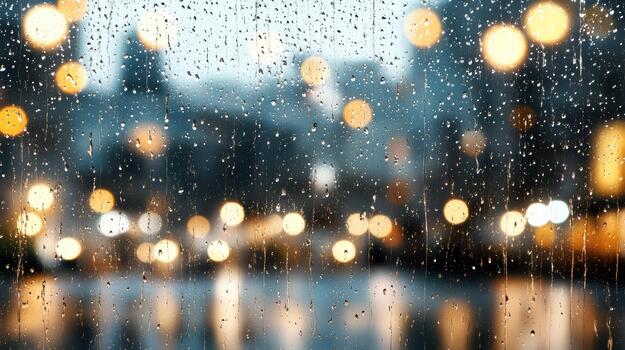 Raindrop bokeh city lights window reflection cozy evening mood photo