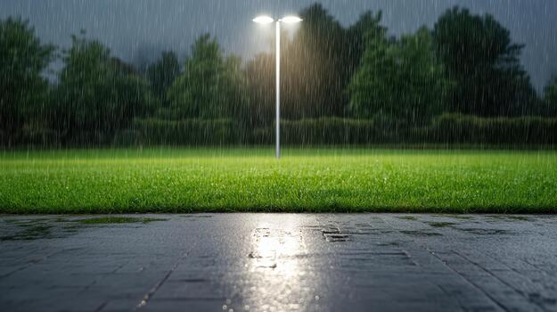 Lamp post glowing in rain over wet pavement with grass and trees photo
