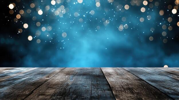 Blue bokeh background with wooden foreground and sparkling lights creating festive atmosphere photo