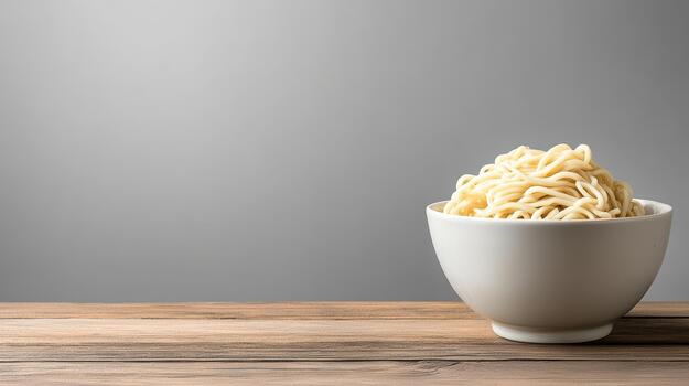 Bowl of plain cooked noodles on wooden table with soft gray background, simple and inviting photo