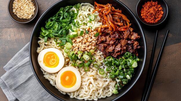 Soft ramen bowl with marinated pork, soft egg, scallion and chili paste photo