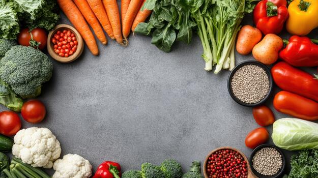 Vegetables and fruits arranged in a circle on a gray background photo