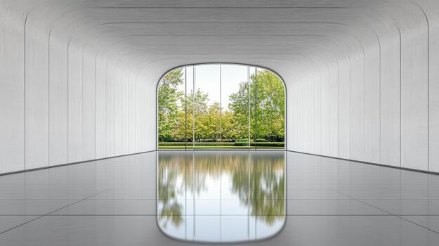 Minimalist modern gallery interior with reflective floor and arched window showing green trees photo