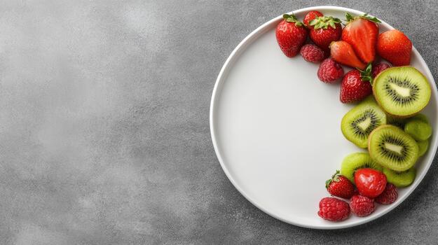Fresh strawberry kiwi raspberry fruit plate arranged on white platter, bright appetizing display photo