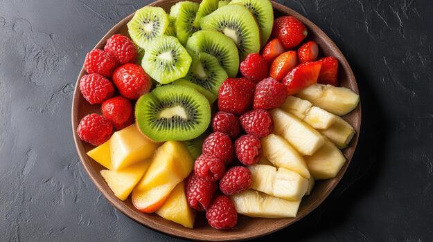 Fresh fruit bowl with sliced kiwi, raspberry, strawberry and tropical fruit, vibrant and fresh photo