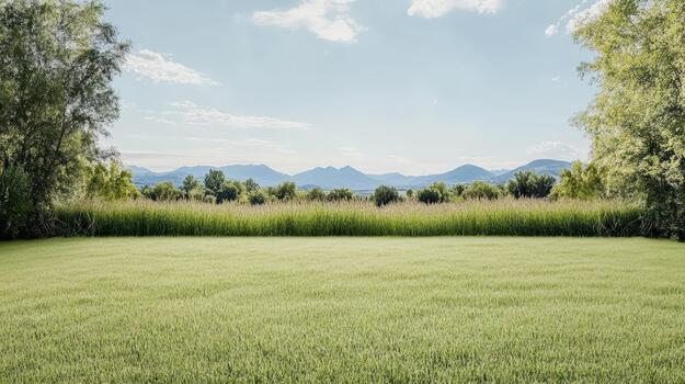 Green meadow with distant mountain range and trees, tranquil summer landscape photo