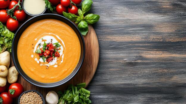cremoso tomate sopa adornado con hierbas y crema, rústico de madera mesa ajuste foto