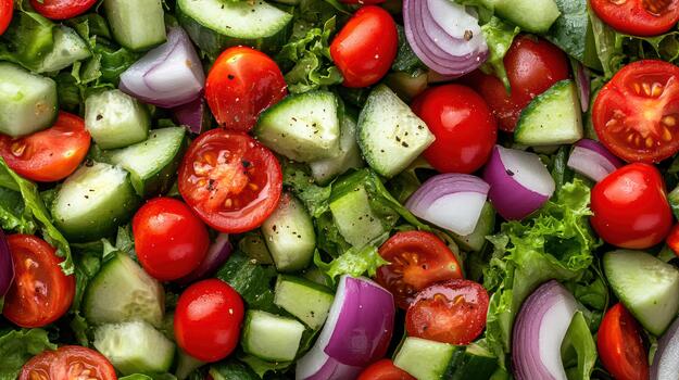 A salad with tomatoes, cucumbers, onions and red onions photo
