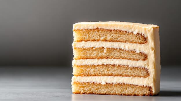 Layered vanilla sponge cake slice with creamy frosting, soft texture and warm tones photo