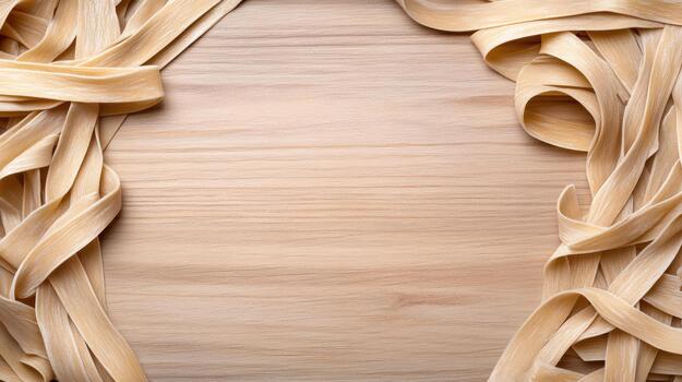 Wide flat pasta strands frame empty wooden board with warm texture and soft lighting photo
