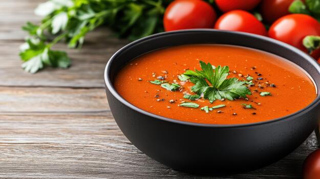 tomate sopa cuenco adornado con perejil y pimienta, calentar rústico mesa ajuste foto